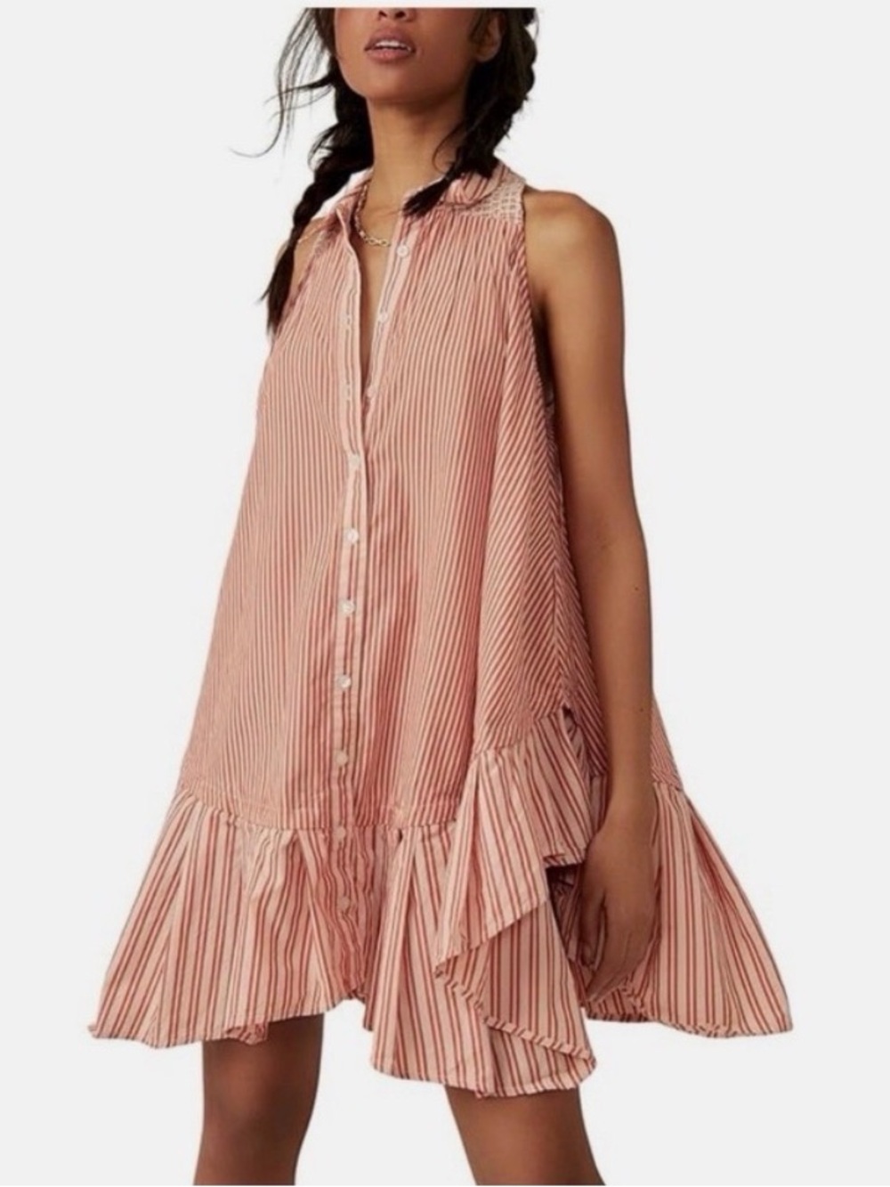 Free People be real Striped Button-Front Ruffle Hem Mini Dress